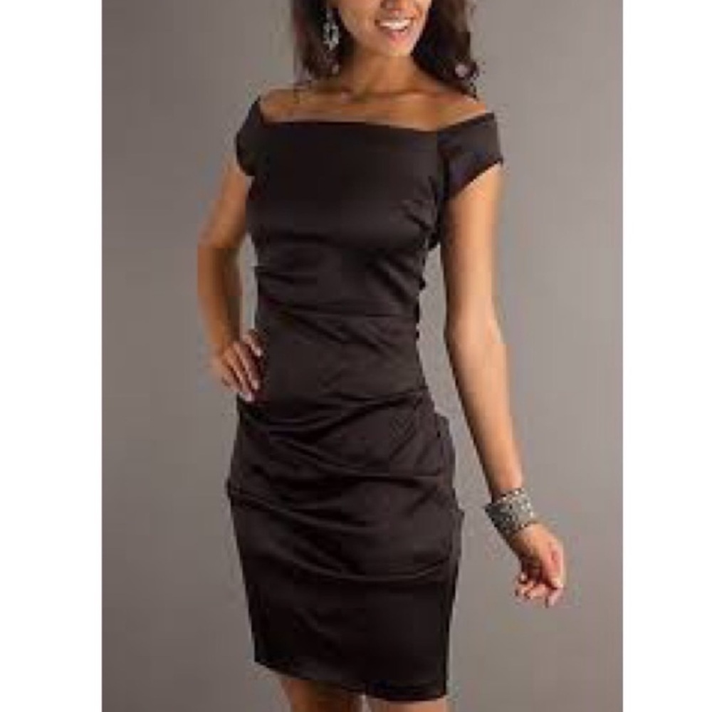 Betsy & Adam Off Shoulder Black Satin Bodycon Sheath Dress Size 14